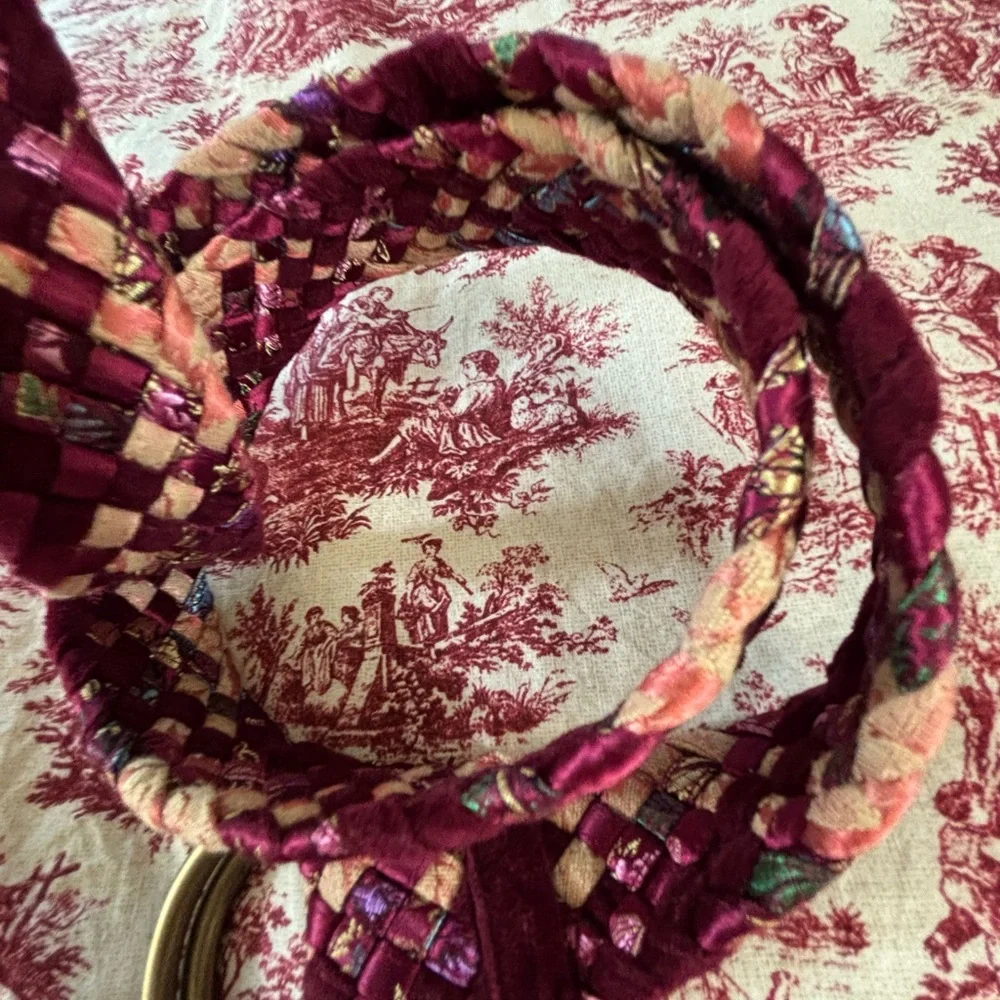 Large Upcycled Woven Boho Tapestry Textiles Belt, Dark Pinks, Double loop buckle